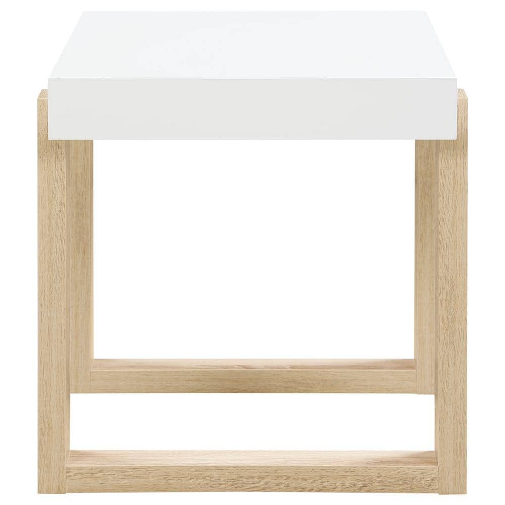 Pala White High Gloss and Natural Wood Rectangular End Table