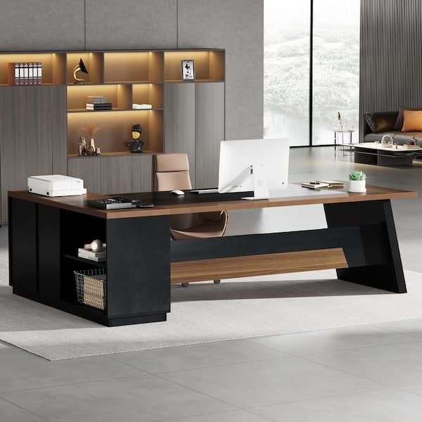 BYBLIGHT Capen 78.7 in. Modern L-Shaped Black, Brown Wood Large Executive Desk with 3-Drawers File Cabinet for Home Office