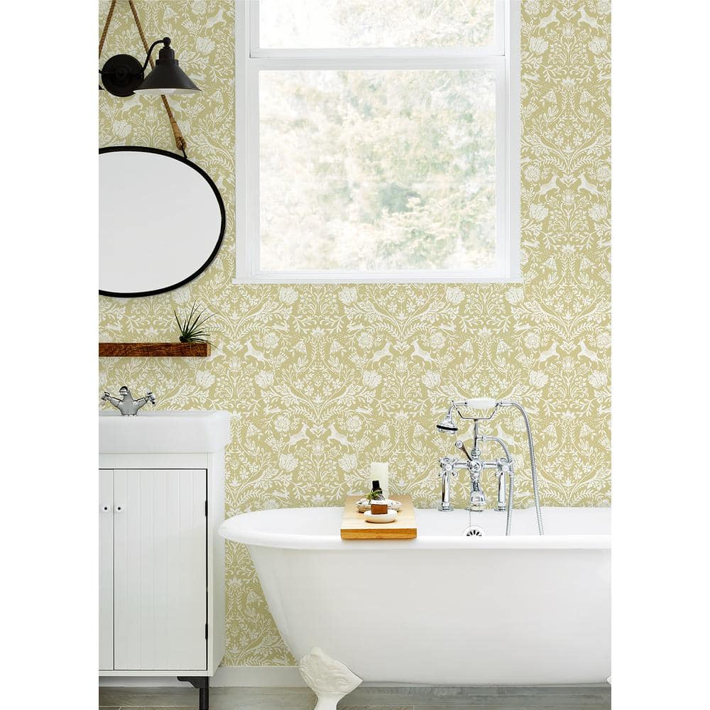 Honey Yellow and White Damask Pre-pasted Washable Wallpaper