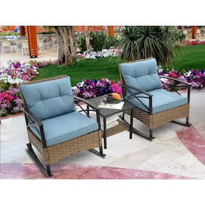 3-Piece Wicker Indoor and Outdoor Rocking Chairs and Table Bistro Set with Blue Thick Cushions