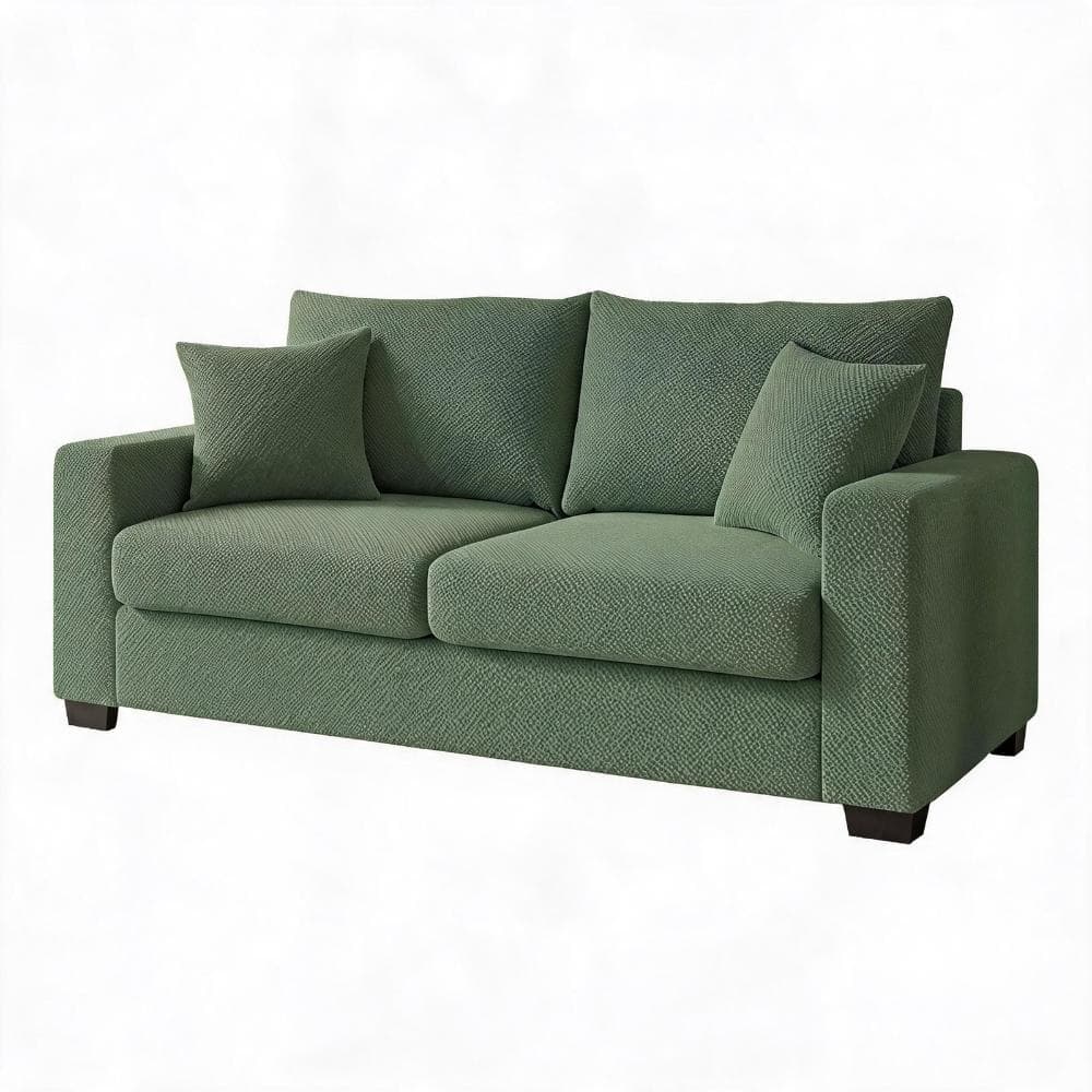 69 in. Textured Fabric Loveseat with 2 Throw Pillows, Sturdy Plastic Legs, Dark Green durable construction