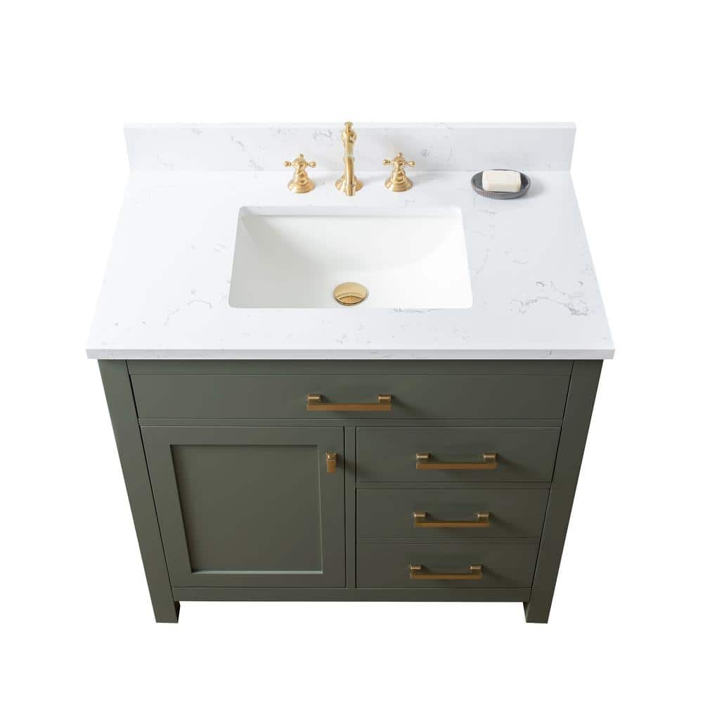 Vintage Green Solid Wood Freestanding Vanity with Carrara White Top