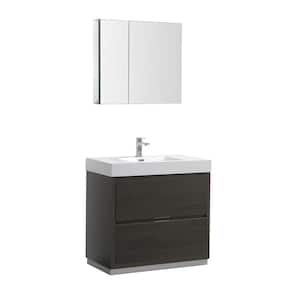 Valencia 36 in. W Vanity in Gray Oak with Acrylic Vanity Top in White with White Basin and Medicine Cabinet