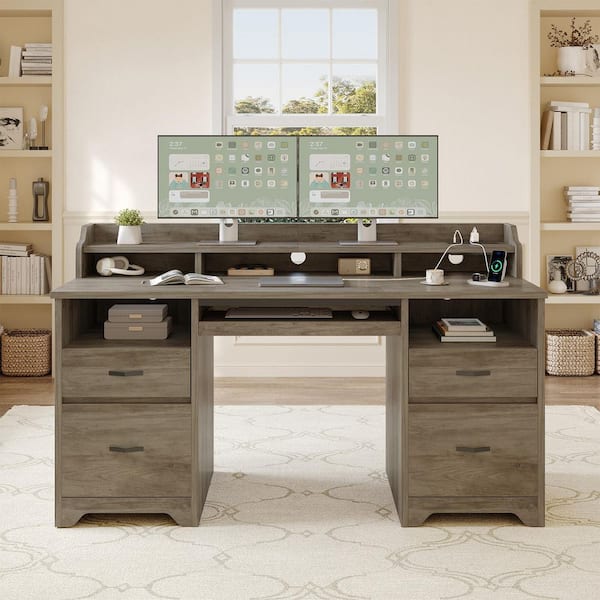 59 in. Grey Computer Desk with Charging Station, 4-Drawers and 2-Open Storage Spaces, with Adjustable Bookshelf