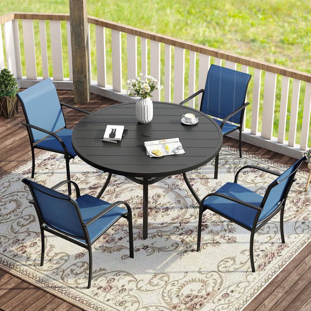 5-Piece Metal Outdoor Dining Set with Black Round Table and 4 Blue Dining Chairs with Armrests price history on PriceWatchPro