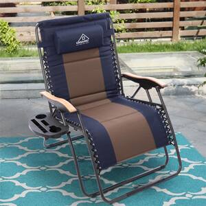 Metal Oversized Zero-Gravity Outdoor Chair with Blue and Brown Cushion with Cup Holder and Side Table