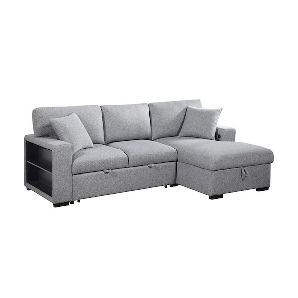 Lazzara Pegosa 92 in. Straight Arm 2-Piece Boucle Fabric Sectional Sofa in Gray with Right Chaise, Pull-out Bed