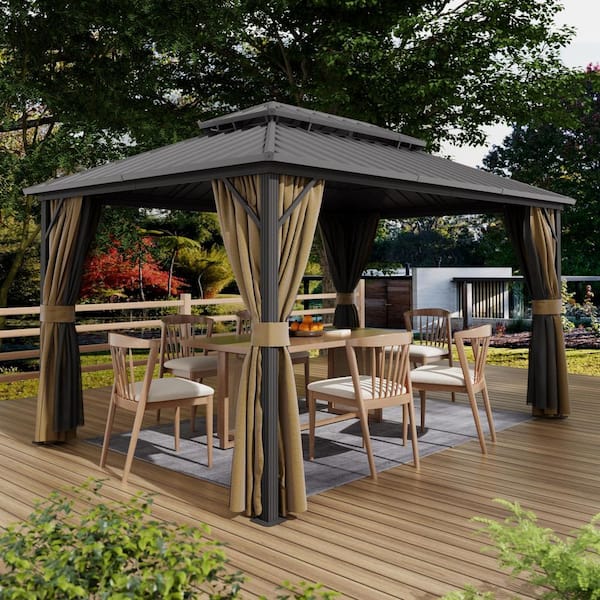 10 ft. x 12 ft. Double Galvanized Steel Roof Aluminum Frame Outdoor Patio Hardtop Gazebo with Netting and Curtains