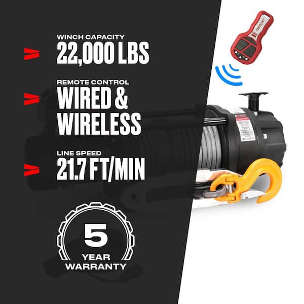 T1000 Series 22000lbs. Severe‑Duty 12-Volt Electric Winch w/ Synthetic Rope for Tow Trucks,Industrial and Heavy Recovery