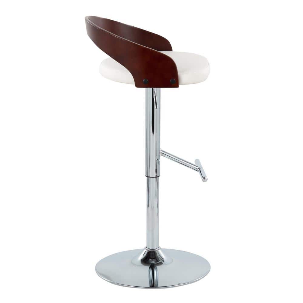 White Faux Leather Adjustable Swivel Barstool with Wood Backrest