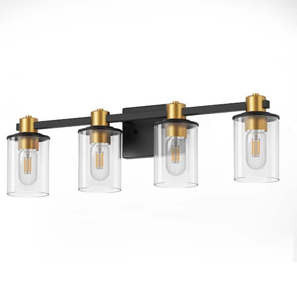 YANSUN 26 in. 4-Light Black Gold Bathroom Vanity Lighting Fixture with Clear Glass Shades for Mirror, Bathroom, and Hallway