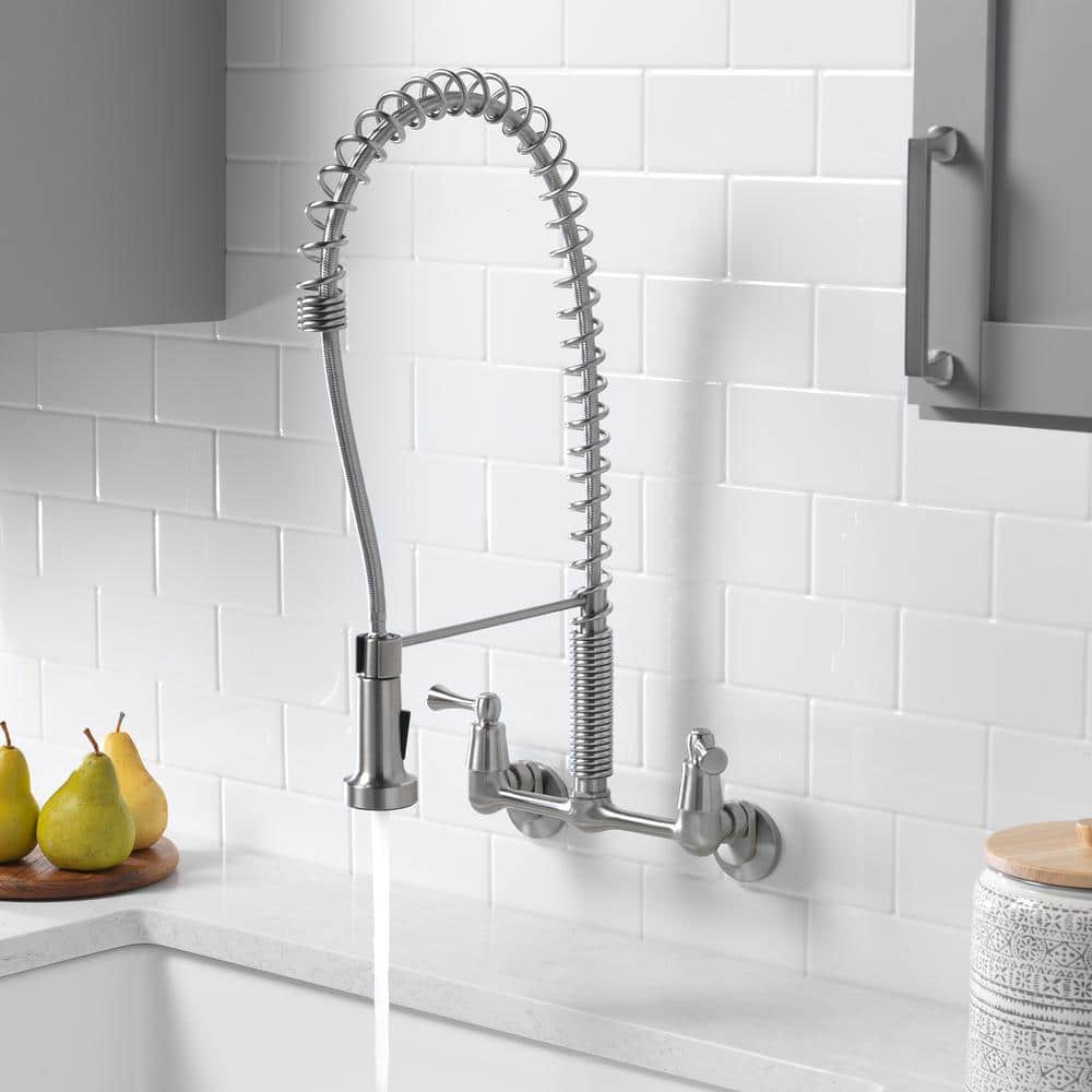 Stainless Steel Wall Mount Kitchen Faucet with Pull-Down Spray