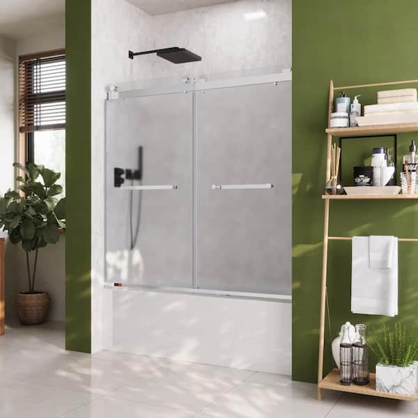 57-59 in. W x 59 in. H Double Sliding Frameless Bathtub Door in Chrome with 3/8 in. (10 mm) Frosted Glass