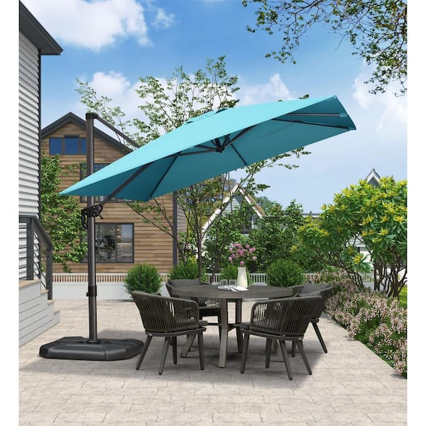 PURPLE LEAF 9 ft. Square Aluminum Outdoor Patio Cantilever Umbrella Offset 360° Rotation Umbrella with Base, Turquoise Blue