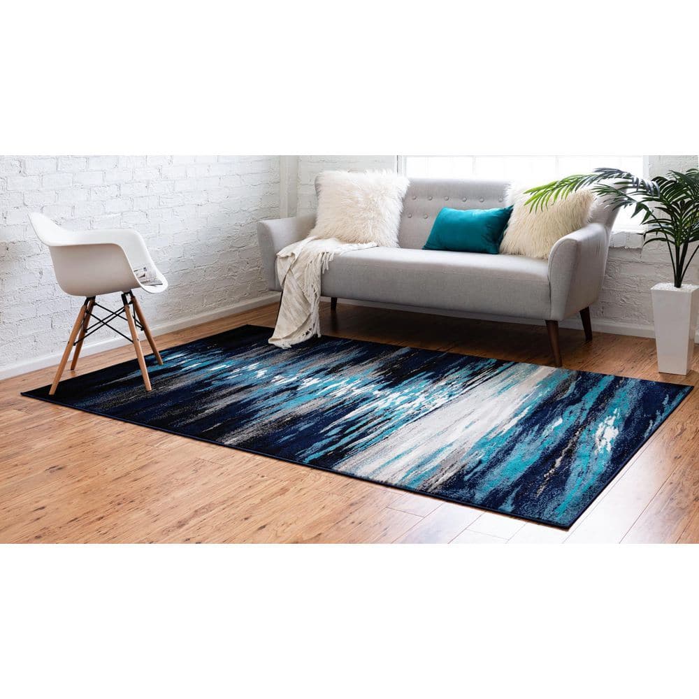 Navy Blue Abstract Synthetic 4' x 6' Area Rug