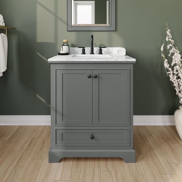 Wyndham Collection Deborah 30 in. W x 22 in. D x 35 in. H Single Bath Vanity in Dark Gray with White Carrara Marble Top and 24 in. Mirror