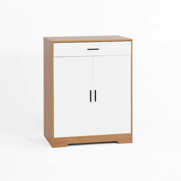 31.5 in. W x 15.7 in. D x 39.4 in. H Brown 4-Tier Shoe Cabinet Linen Cabinet with Drawer White Door Adjustable Shelve