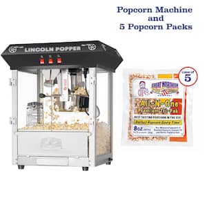 8 oz. Black Kettle, Warmer and 5 All-In-One Popcorn Packs Lincoln Countertop Popcorn Machine - 3 Gal. Popcorn Popper