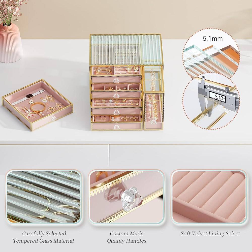 Pink Tempered Glass 5-Drawer Jewelry Organizer Box with Velvet Lining