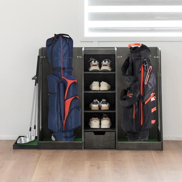 Premium Wooden Golf Bag Organizer, Stylish Golf Storage Rack, Holds 2-Golf Bags, Gray