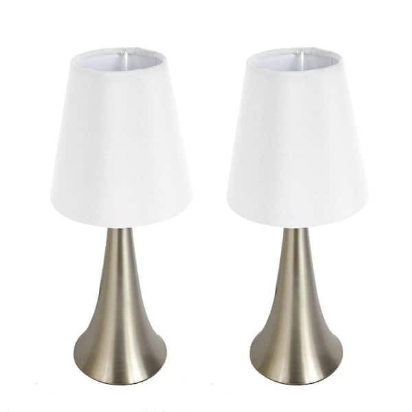 All The Rages Valencia 11.5 in. Brushed Nickel 2 Pack Mini Touch Table Lamp Set with White Fabric Shades
