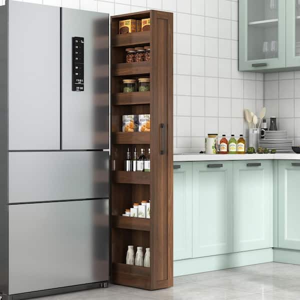 Walnut Wood 7 Tier Multi-Functional Pantry Organizer, Pull-Out Organizers, Single-Sided Open Shelf