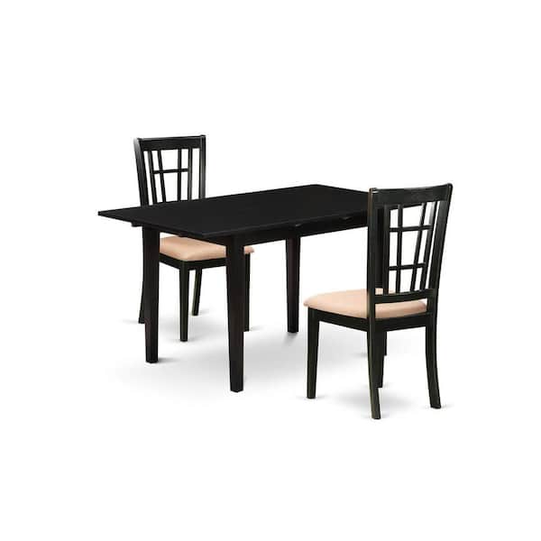 East West Furniture 3-Piece Black Finish Rectangular Solid Wood Top with Butterfly Leaf Dining Table Set