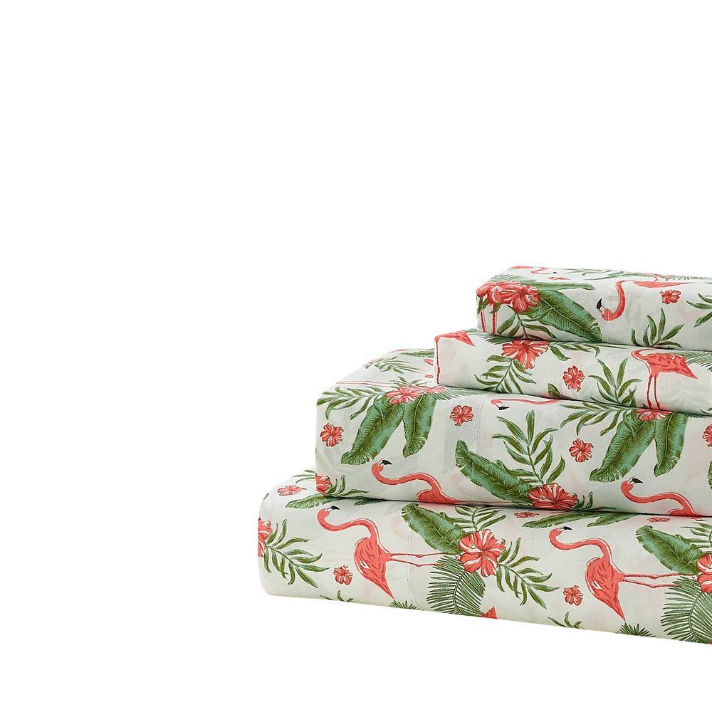 Twin Flamingo Print Microfiber Embroidered Sheet Set