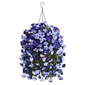 20 in. H Artificial Hanging Silk Flowers in Basket, Outdoor Indoor Patio Lawn Garden Decor, Deep Blue