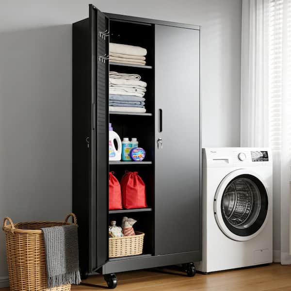 71 in. H Black Tall Steel Garage Storage Cabinet w/Doors Wheels 4