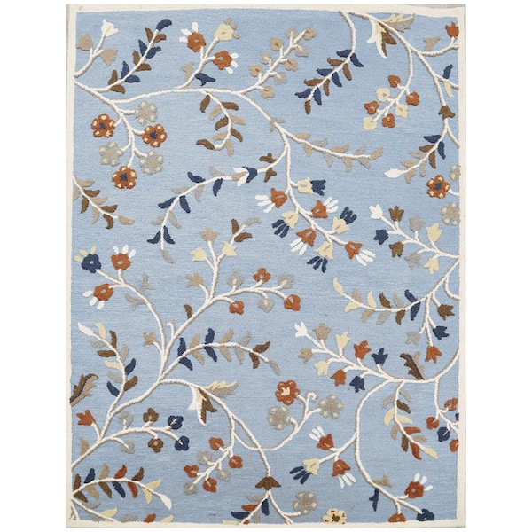 Ottomanson Agra Collection Floral Design 8 ft. x 10 ft. Indoor Handmade Wool Area Rug, 7 ft. 6 in. x 9 ft. 10 in., Light Blue
