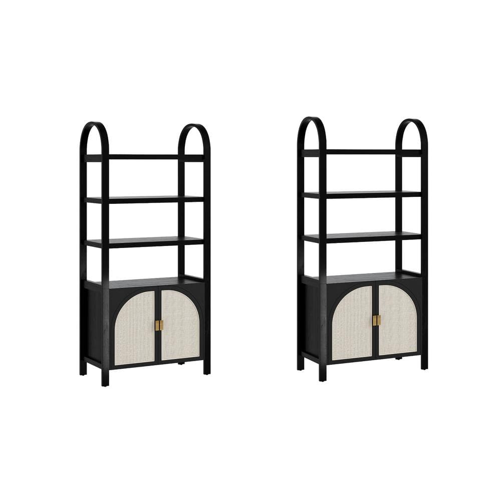Black Oak 3-Shelf Bookshelf Cabinet with Faux Rattan Doors