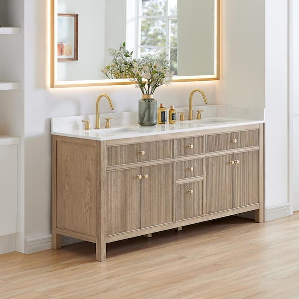 Cerrito 72 in. Double Sink Freestanding Nature Oak Bath Vanity with Grain White Engineered Stone Top Assembled