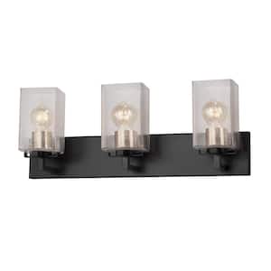 Fusion Vice 24 in. 3-Light Matte Black and Brass Socket Cover Vanity Light with Seeded Glass Shade