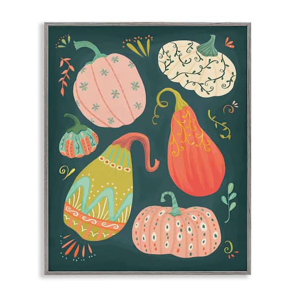 Stupell Industries Patterned Autumn Gourds by Laura Watson Gray Framed Food Giclee Art Print 14 in. x 11 in.