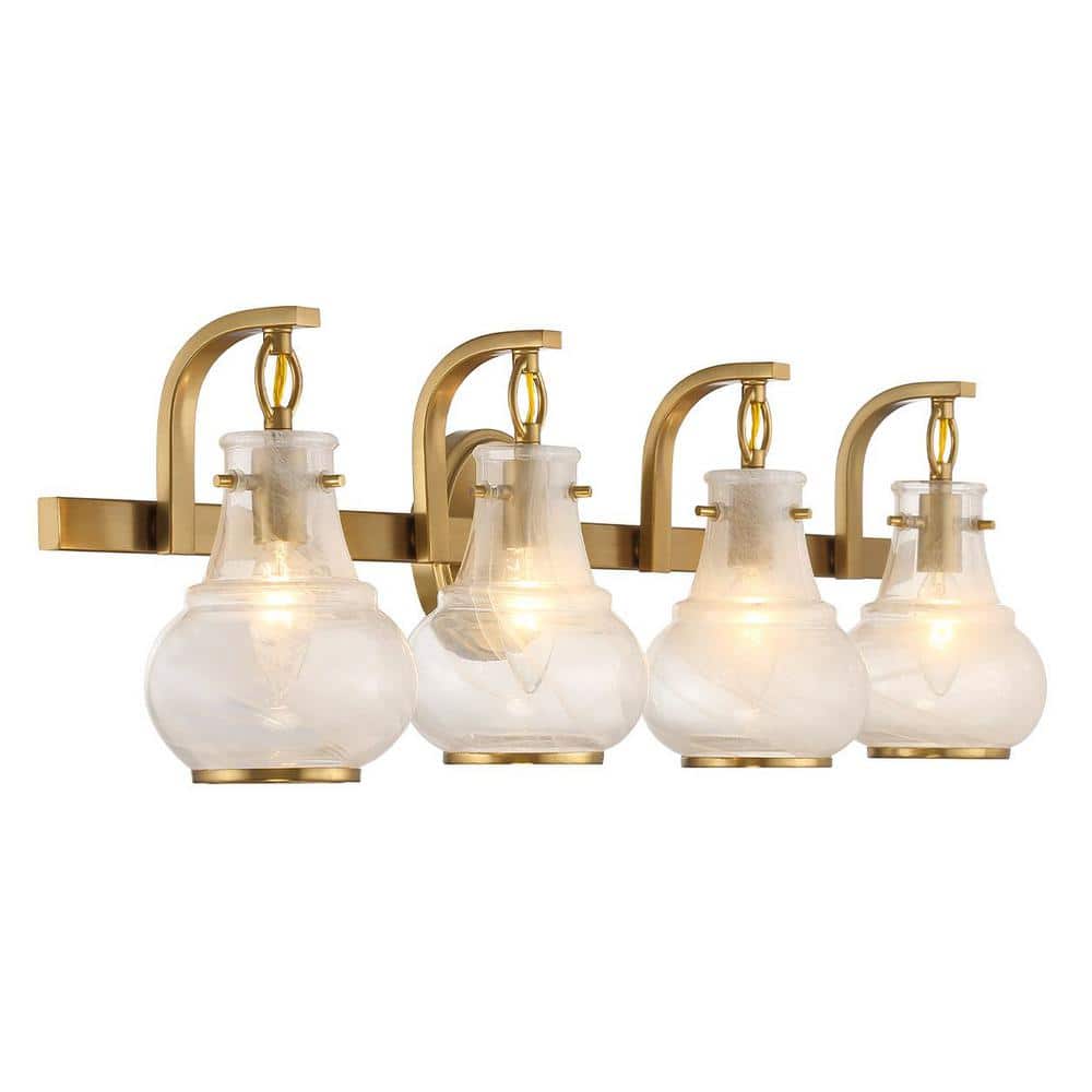 Warm Brass 4-Light Vanity with White Strie Glass Shades