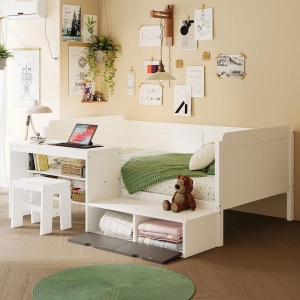 White Twin Daybed with Storage Shelves and Lockers, Study Desk and Matching Stool