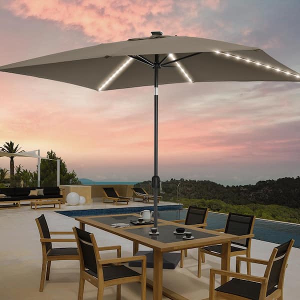 JOYESERY 6 ft. x 9 ft. LED Rectangular Patio Market Umbrella with UPF50+, Tilt Function and Wind-Resistant Design in Taupe