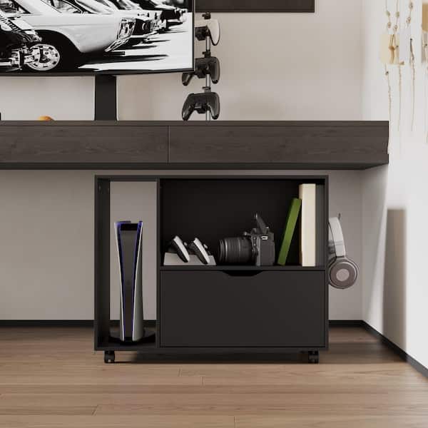 31.5 in. W Black Rectangle Wood Movable End Table, Game Center Table with 1 Drawer & 2 Open Shelves