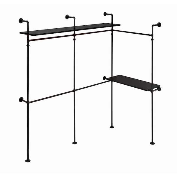 Industrial Pipe Metal Clothes Rack, Garment Rack Closet Wardrobe Rack with LED Lights and Shelves, Black