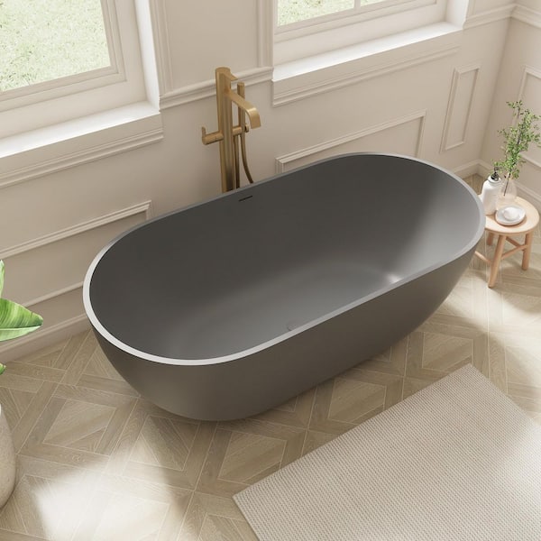 Kylie 59 in. x 29 in. Stone Resin Freestanding Soaking Bathtub in Gray