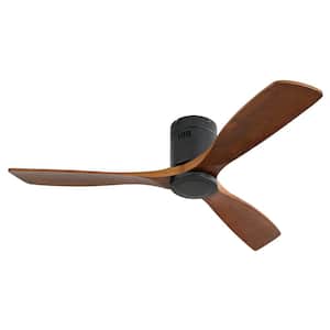 52 in. Indoor Flush Mount Ceiling Fan 3 Carved Wood Fan Blades Smart Matte Black Ceiling Fan with 6-Speed Remote