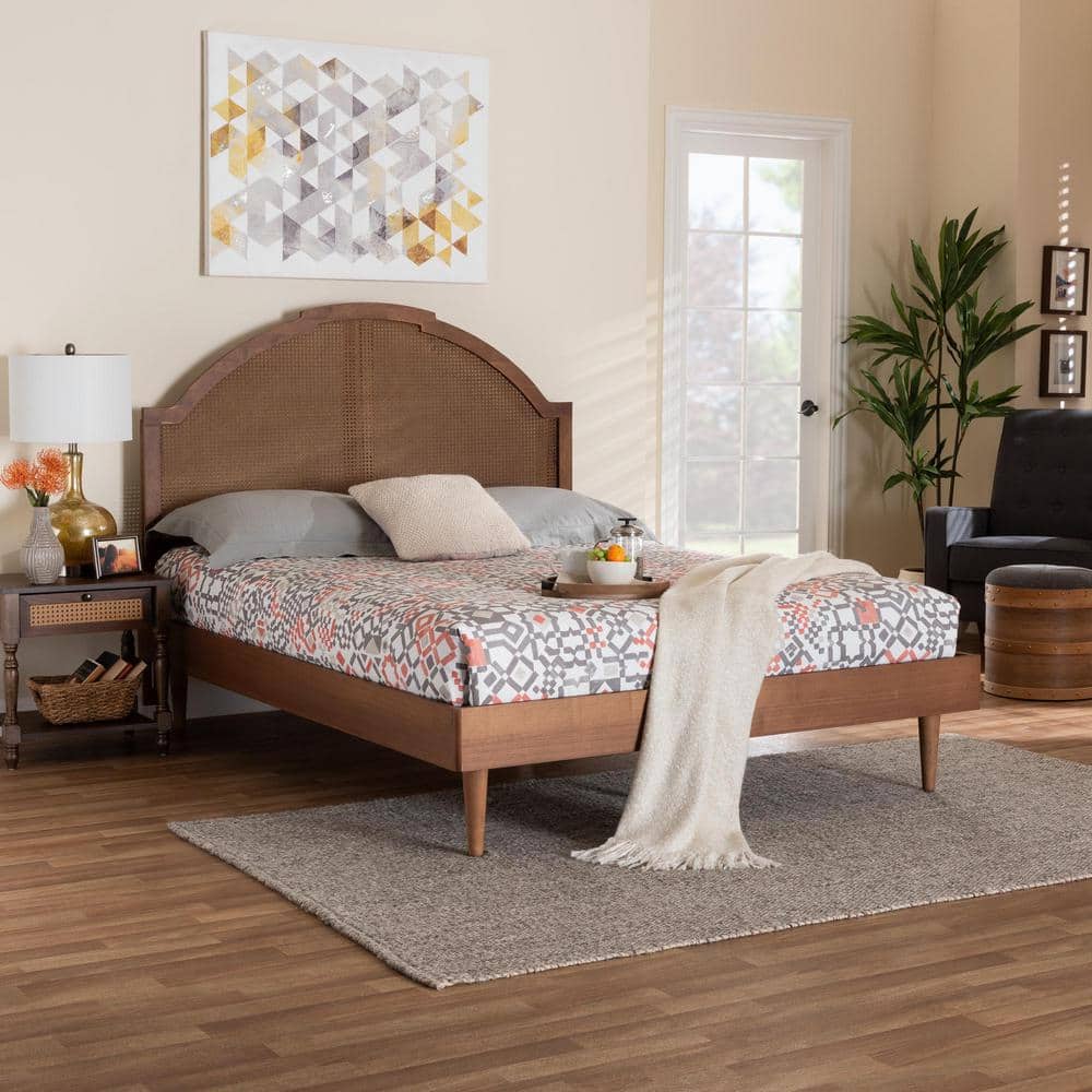 Walnut Brown Queen Wood Frame Platform Bed with Rattan Headboard