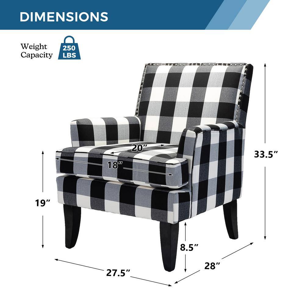 Classic Black Buffalo Plaid Armchair with Nailhead Trim