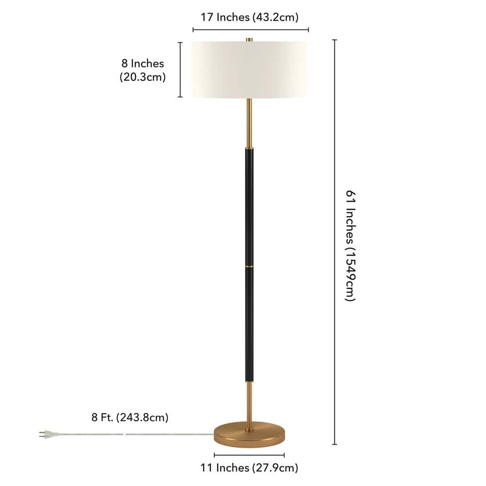 Matte Black and Brass Floor Lamp with White Drum Shade