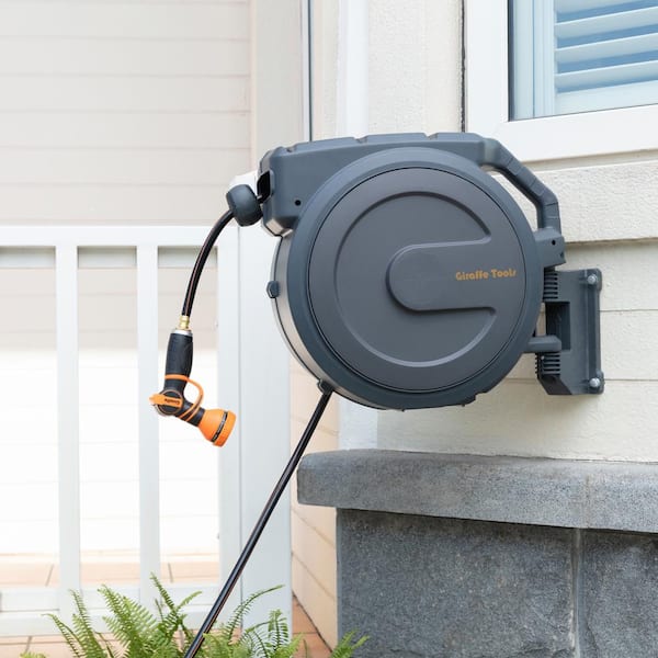 Giraffe Tools Garden Retractable Hose Reel-5/8 in.-90 ft., Wall Mounted,  Dark Grey AW4058US - The Home Depot