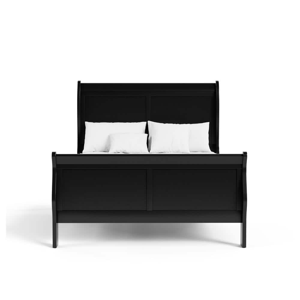 Black Solid Wood Sleigh Full Bed Frame with Headboard