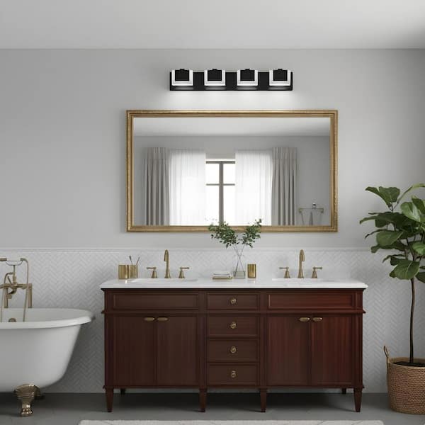 29.9 in. 4-Light LED Modern Black Bathroom Vanity Light with Dimmable 6000K Light