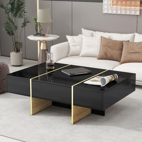 47.2 in. Black Rectangle MDF Top Coffee Table with 2 Drawers