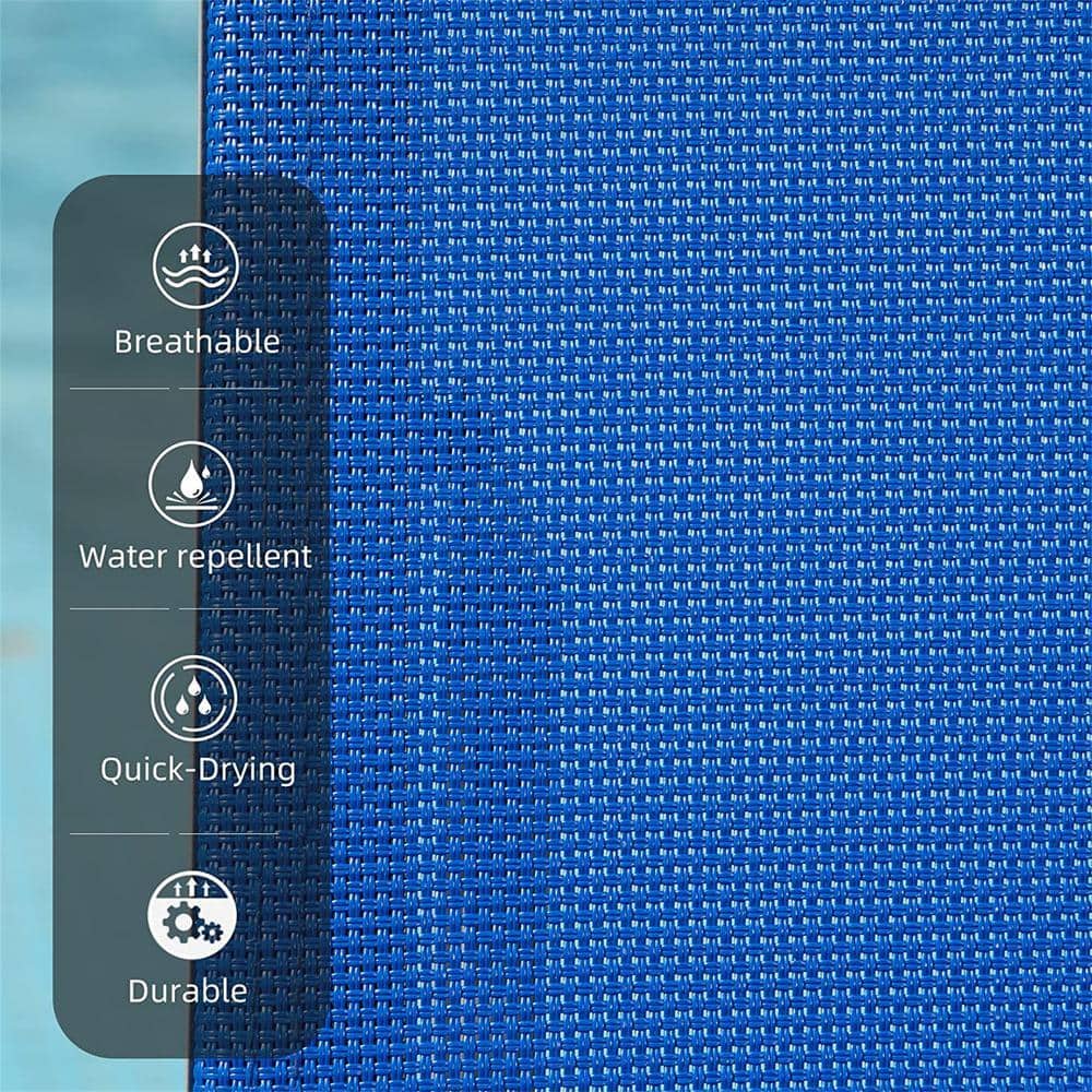 Infographic showing the features of the blue outdoor fabric: breathable, water repellent, quick-drying, durable.